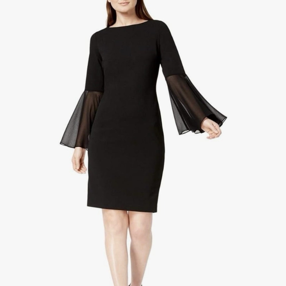 Calvin Klein Black Chiffon Bell Sleeve Stretch Crepe Sheath Dress Size 8